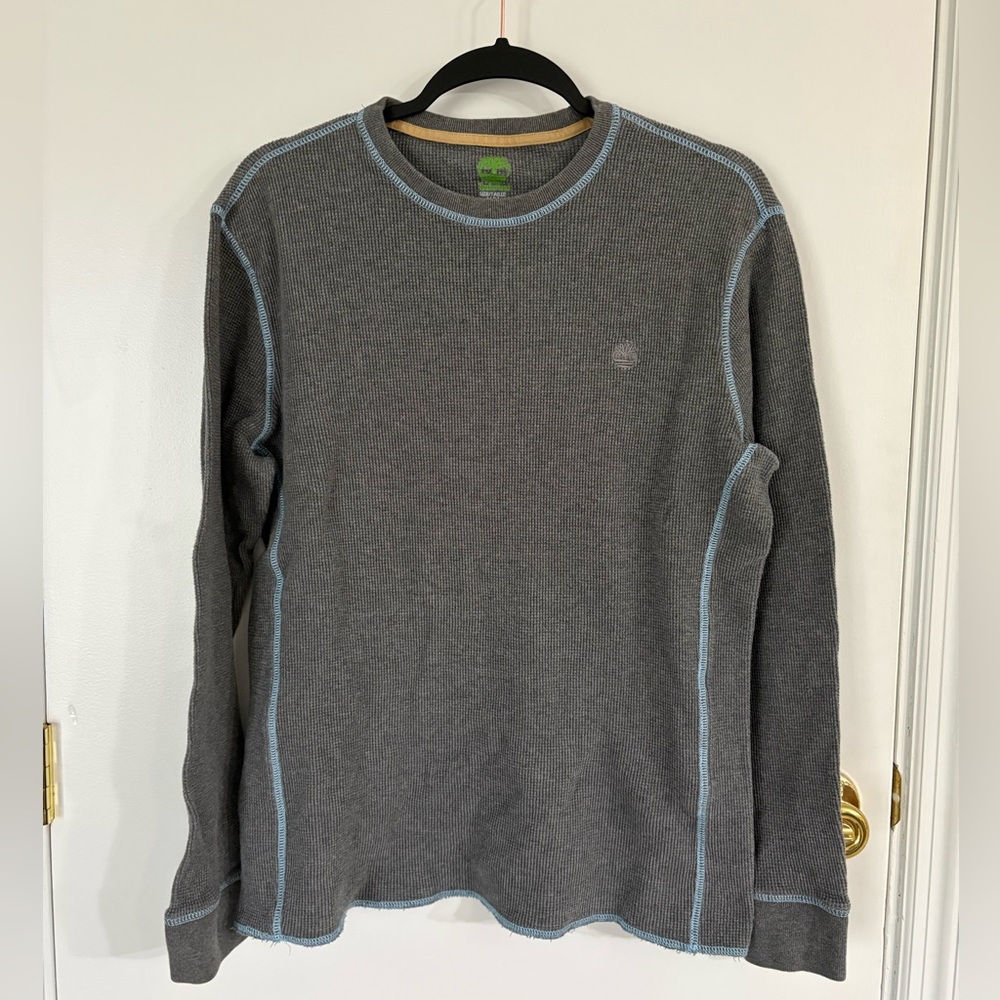 Men’s Timberland Gray Long Sleeve Crew Neck Shirt with Blue Stitching